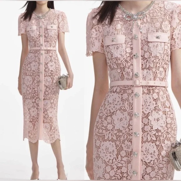 Self-Portrait PINK LACE DIAMANTE BOW MIDI DRESS Size 8 NWT. - Picture 1 of 7